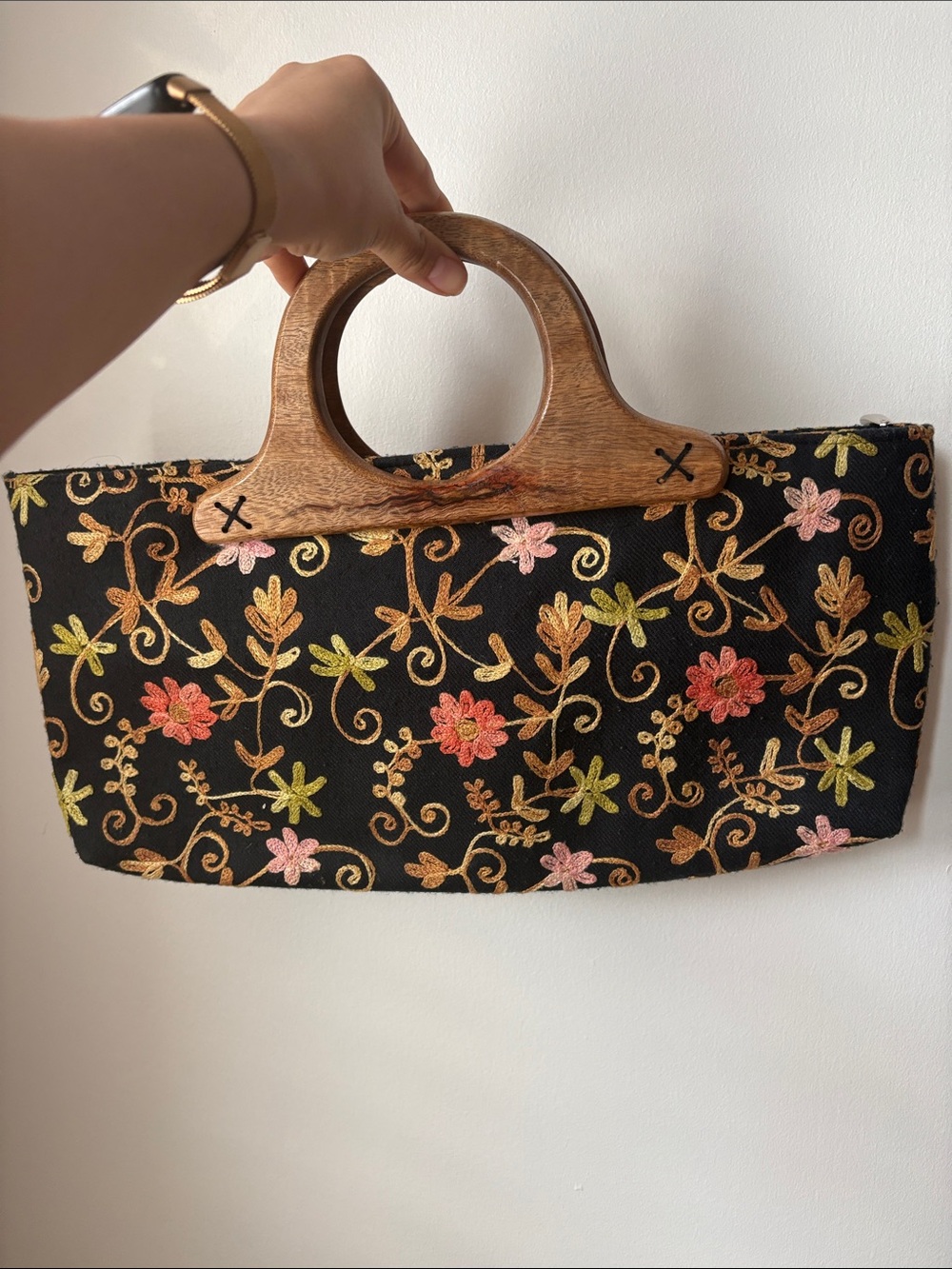 Embroidered Floral Black Clutch with Wooden Handles